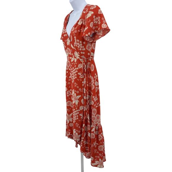 Urban Outfitters Floral Wrap Dress Hi-Low WMNS S Red Midi V-neck Short Sleeve - Picture 3 of 11